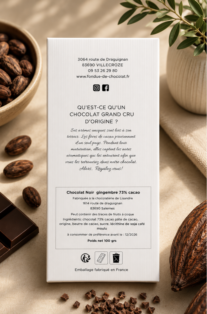 Tablette de chocolat noir 73 % au gingembre – Chocolat artisanal Grand Cru – 100 g – Image 2