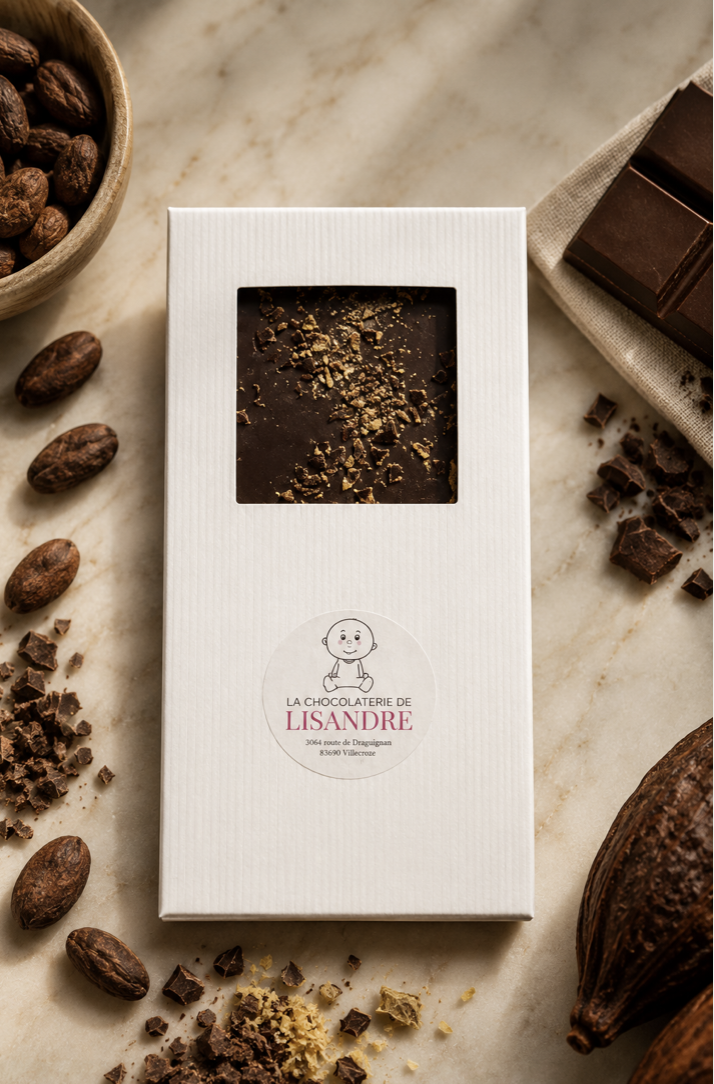 Tablette de chocolat noir 73 % au gingembre – Chocolat artisanal Grand Cru – 100 g