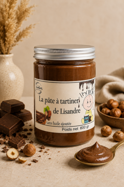 Pâte à tartiner chocolat noisette artisanale 600 g – Sans huile ajoutée