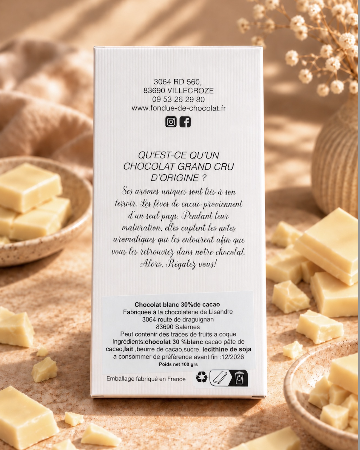 Étiquette ingrédients de la tablette chocolat blanc 30 %