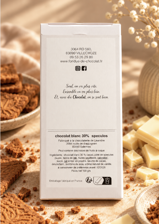 Étiquette ingrédients de la tablette chocolat blanc spéculoos