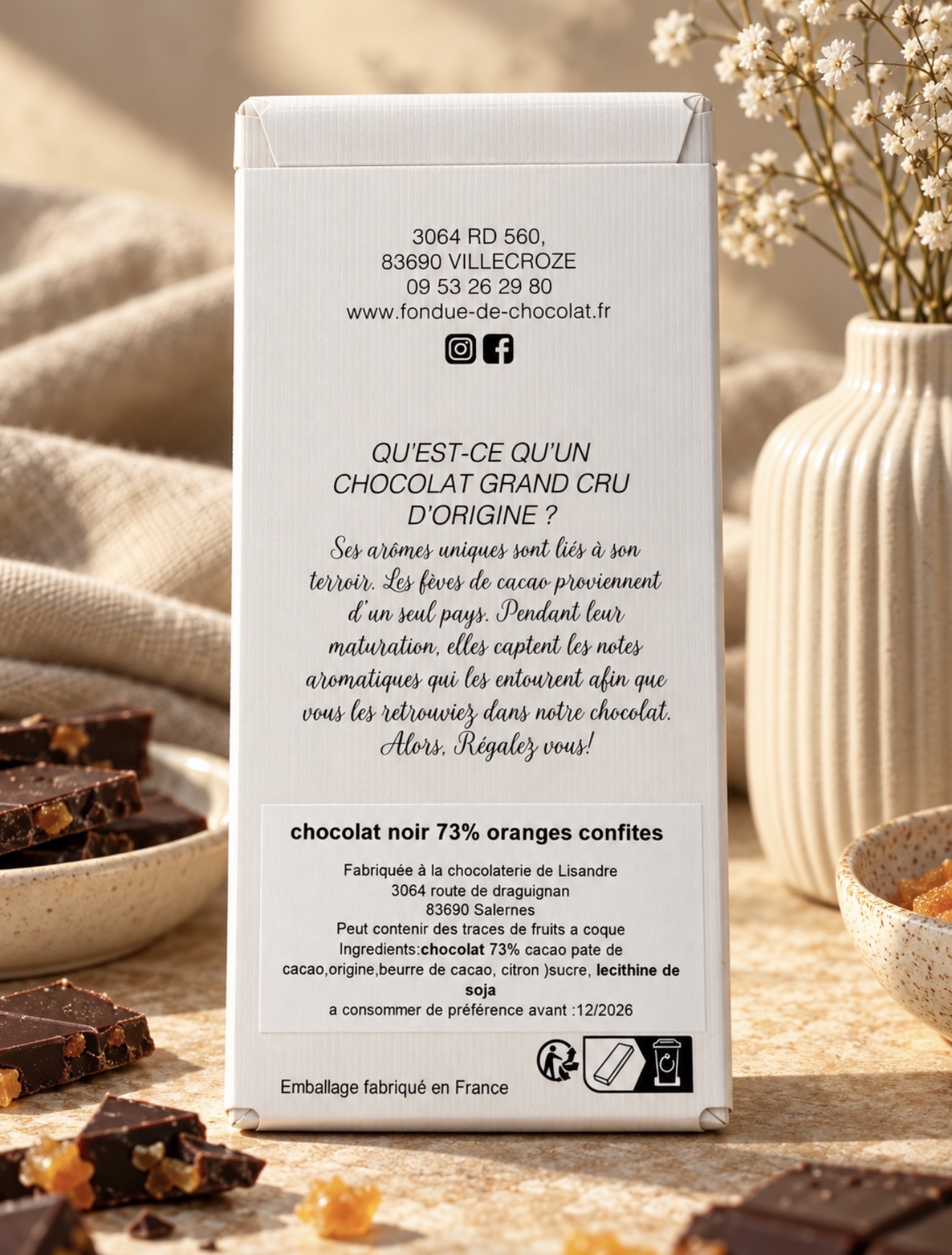 Tablette chocolat noir 73 % oranges confites – étiquette ingrédients